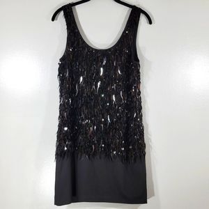 THEORY black 100% silk sequin beaded scoop neck sleeveless shift mini dress
